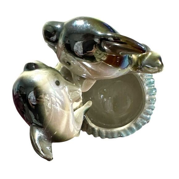 Vintage Iridescent Lustreware Ceramic Blue Dolphins on Trinket Bowl 1960s - Picture 8 of 11